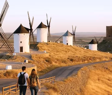 Pareja paseando delante de los molinos de Castilla-La Mancha