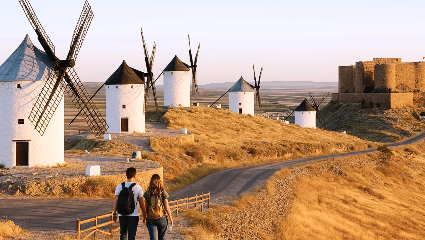 Pareja paseando delante de los molinos de Castilla-La Mancha